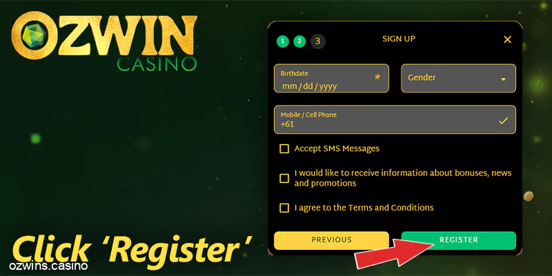 Sign up form at Ozwin casino - click "Registration" button to complete the registration process
